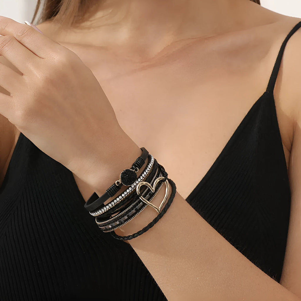 Women's heart shape PU leather bracelet with electroplated finish 19cm long black