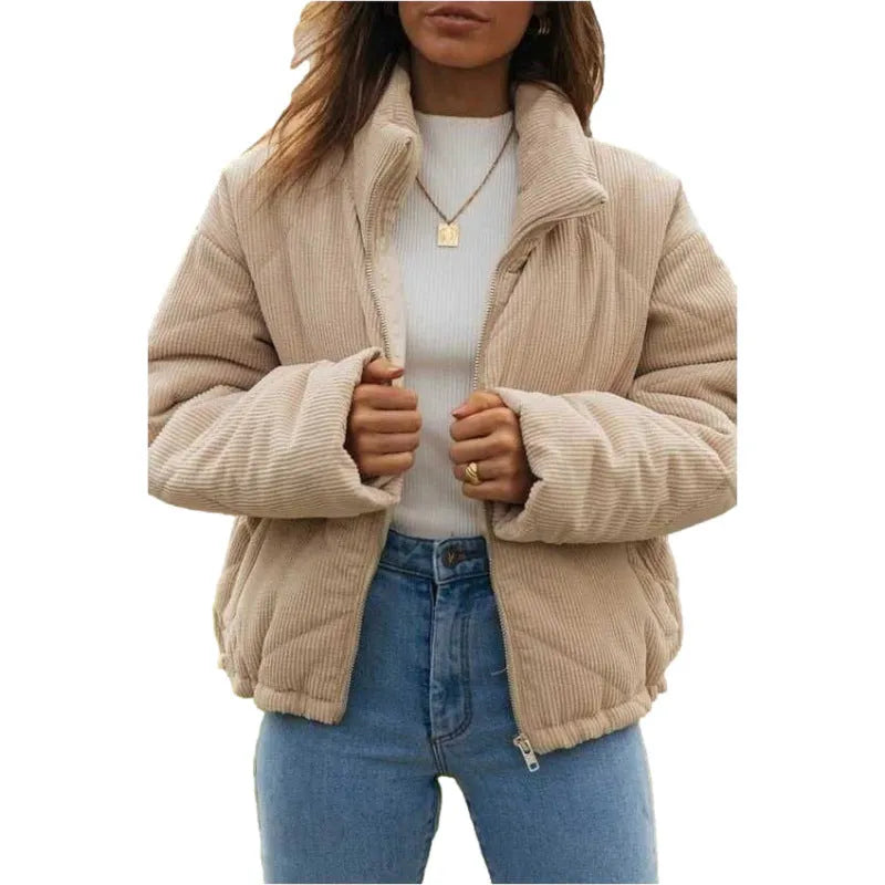 Apricot-colour women's corduroy jacket with a stand collar, long sleeves, and a front zip.