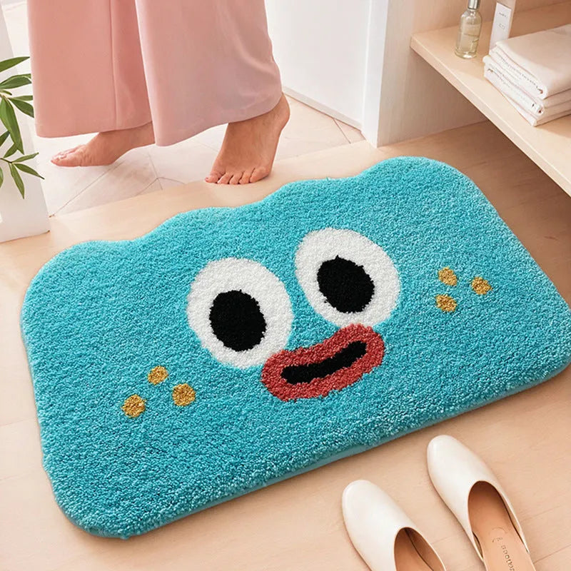 Cartoon anime patterned bathroom mat in soft colours, available in multiple sizes on a bathroom floor.