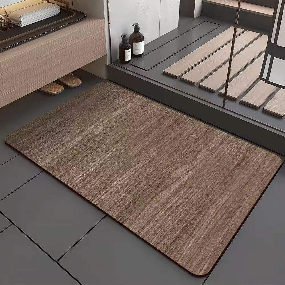 American-style square diatom ooze floor mat with a wood grain geometric pattern, shown in a bathroom setting.