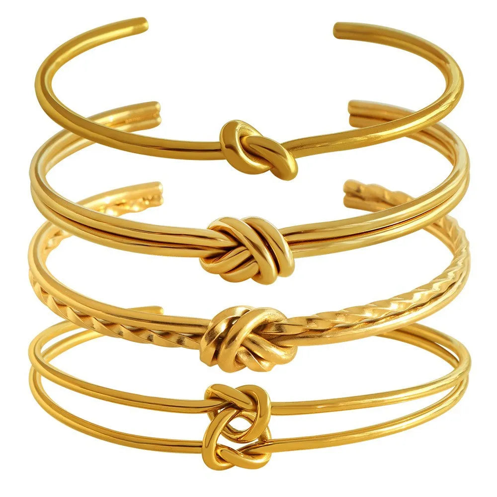 Adjustable C-shaped stainless steel bracelet with knotted double-layer design in gold or silver finish