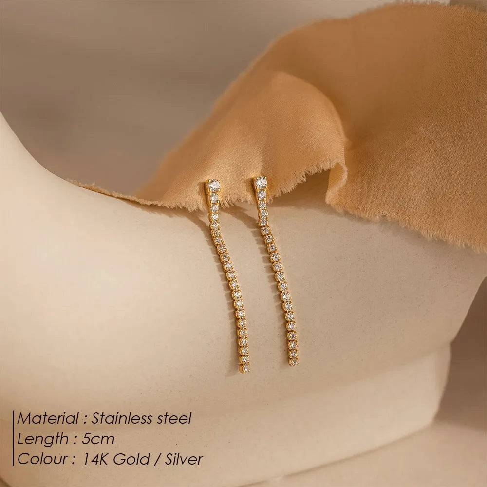 Geometric-shaped stainless steel zircon earrings for women in gold and steel colour options.
