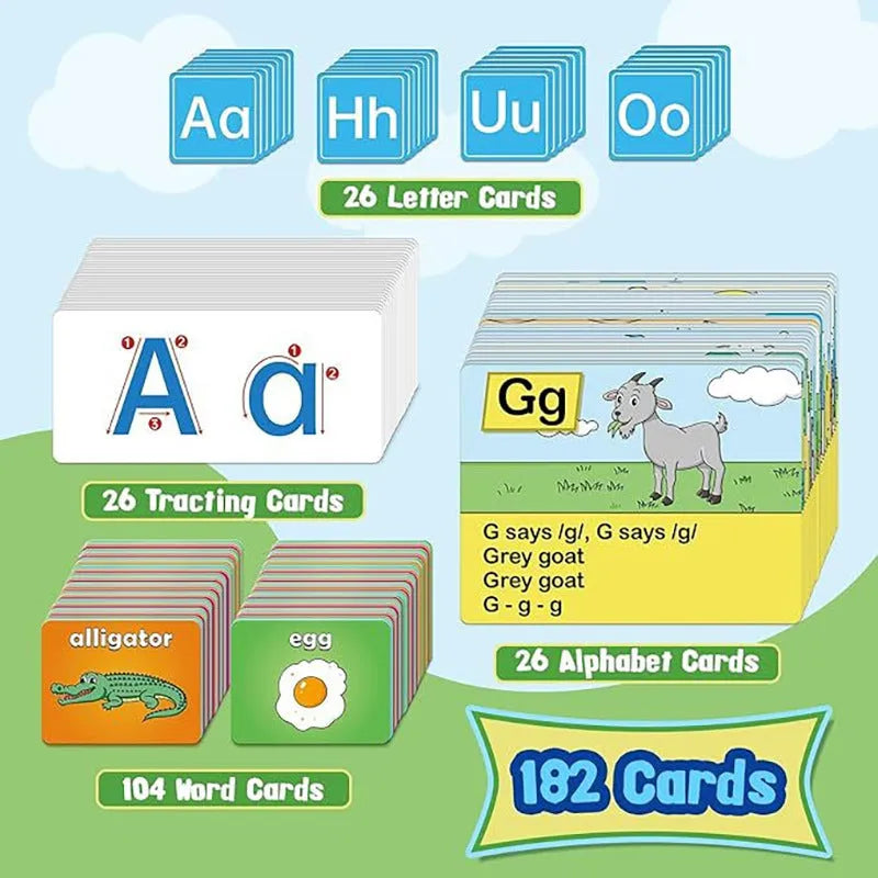 Children's alphabet learning chart sleeve table with educational cards spread on 60x40cm wipe-clean surface