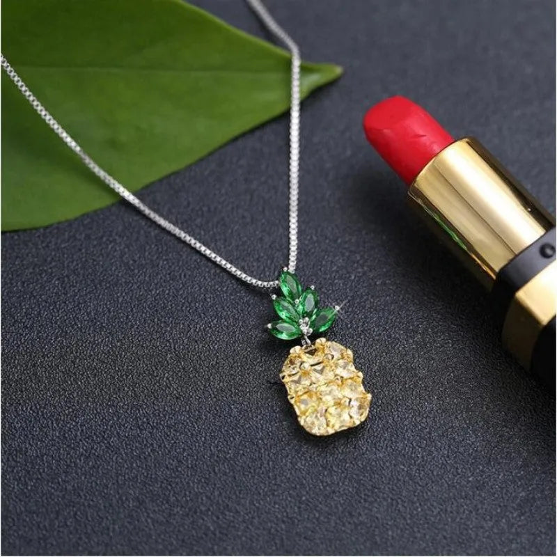 Korean geometric pineapple necklace with silver plating and diamond detailing pendant