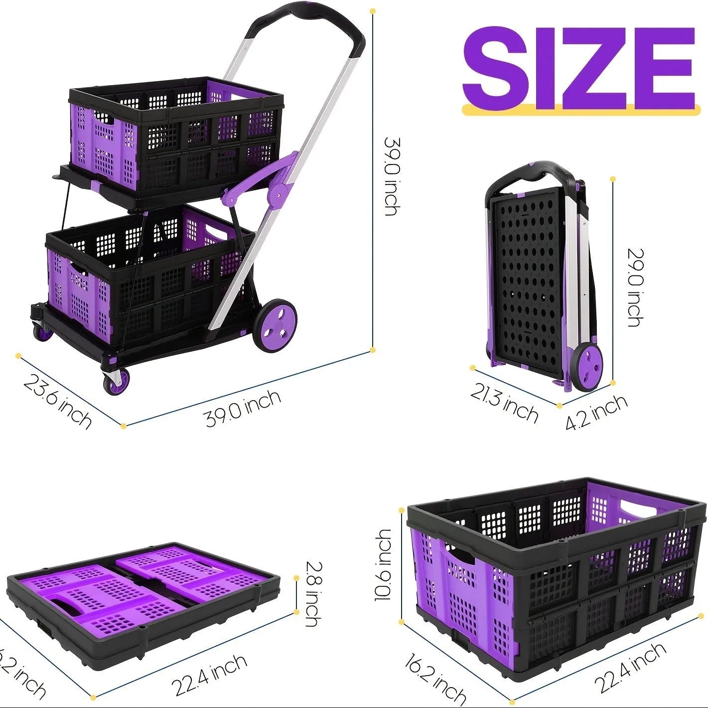 Foldable shopping cart with two blue plastic baskets on a wheeled frame.