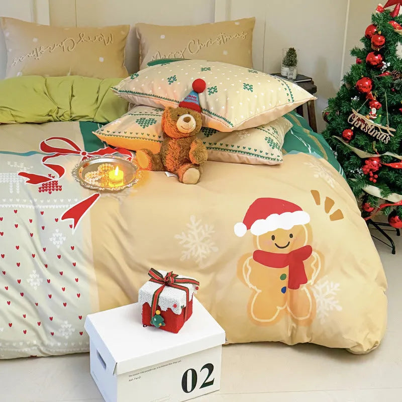 Christmas cartoon printed bedding four-piece set with gingerbread man designs on super soft washed cotton