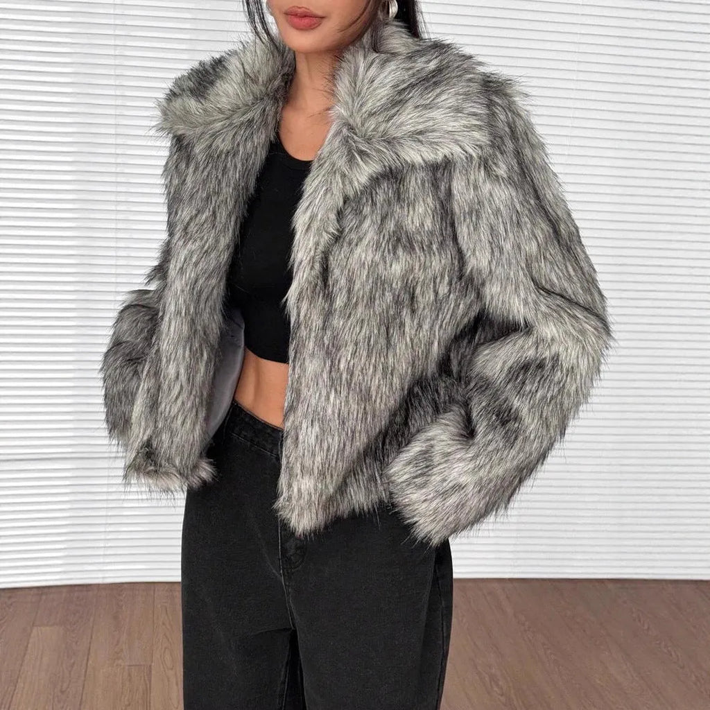 Short-length artificial fur coat with a thick fur collar, shown in one of six available colour options.