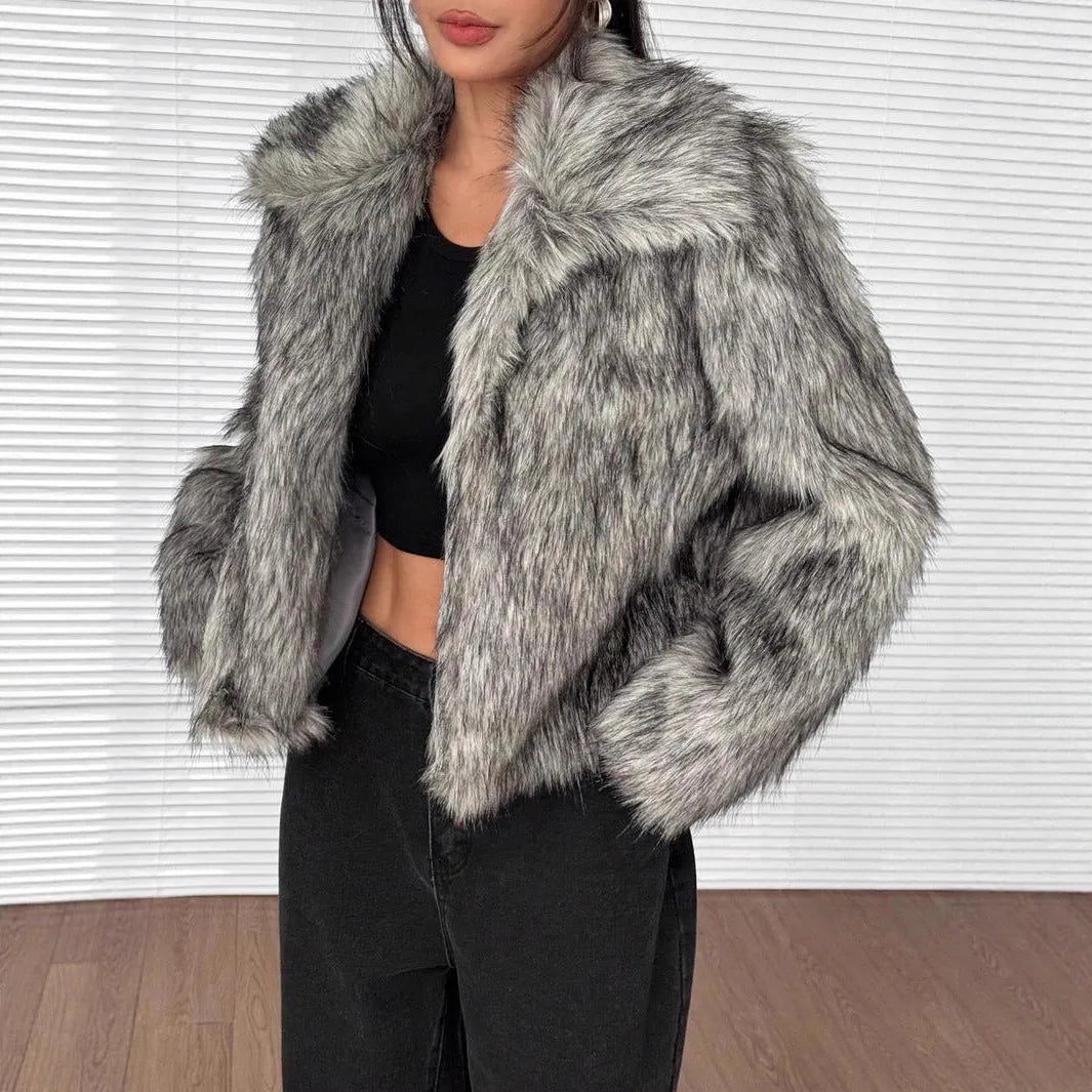 Short-length artificial fur coat with a thick fur collar, shown in one of six available colour options.