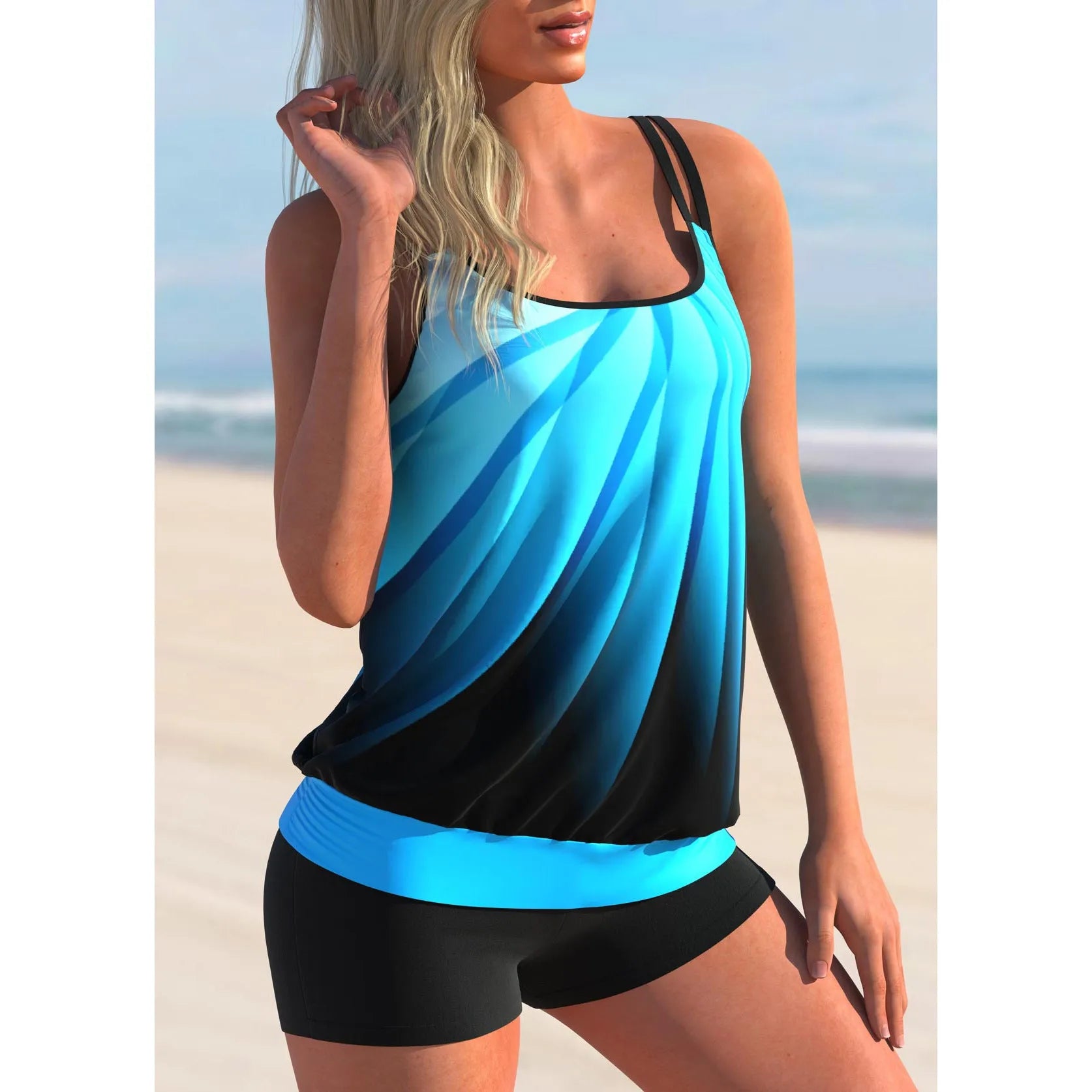Women's plus size printed swimsuit set with strap top and matching beach shorts on a hanger.