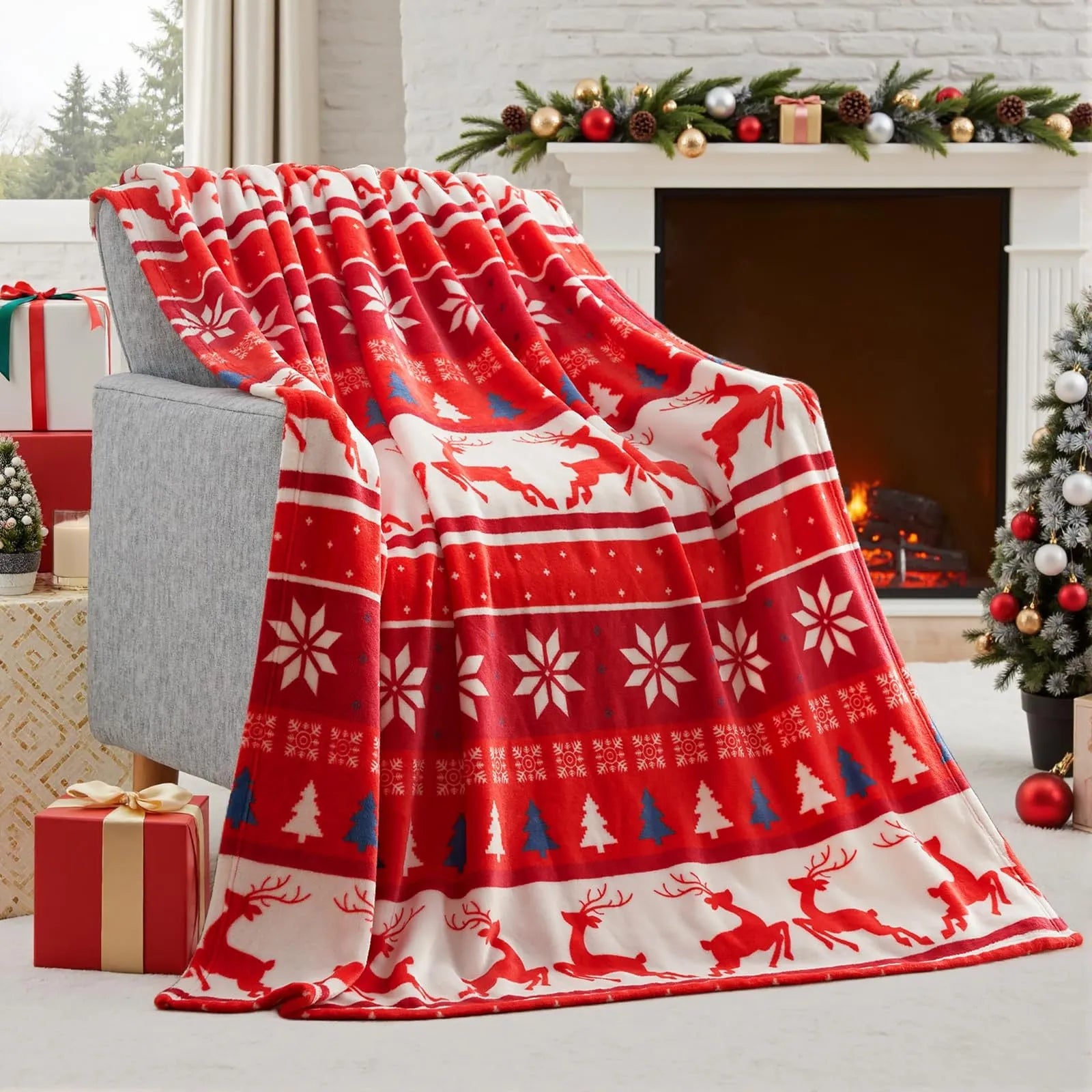 Soft red flannel Christmas blanket draped over a bed corner
