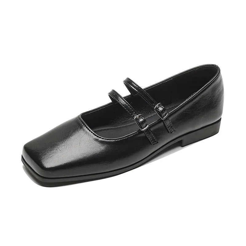 Women's silver leather ballet flats with cross buckle strap and round toe