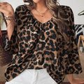 Women's leopard print polyester pullover top with V-neck and half sleeves in multicolour pattern