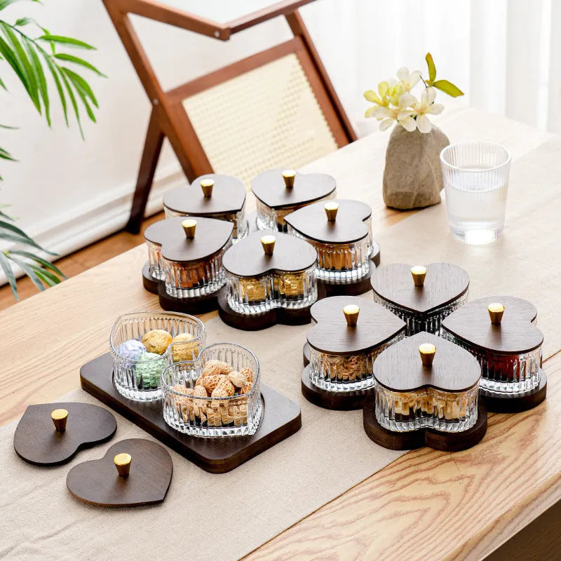 Glass retro style snack plate with heart-shaped transparent lid showing grid compartments inside