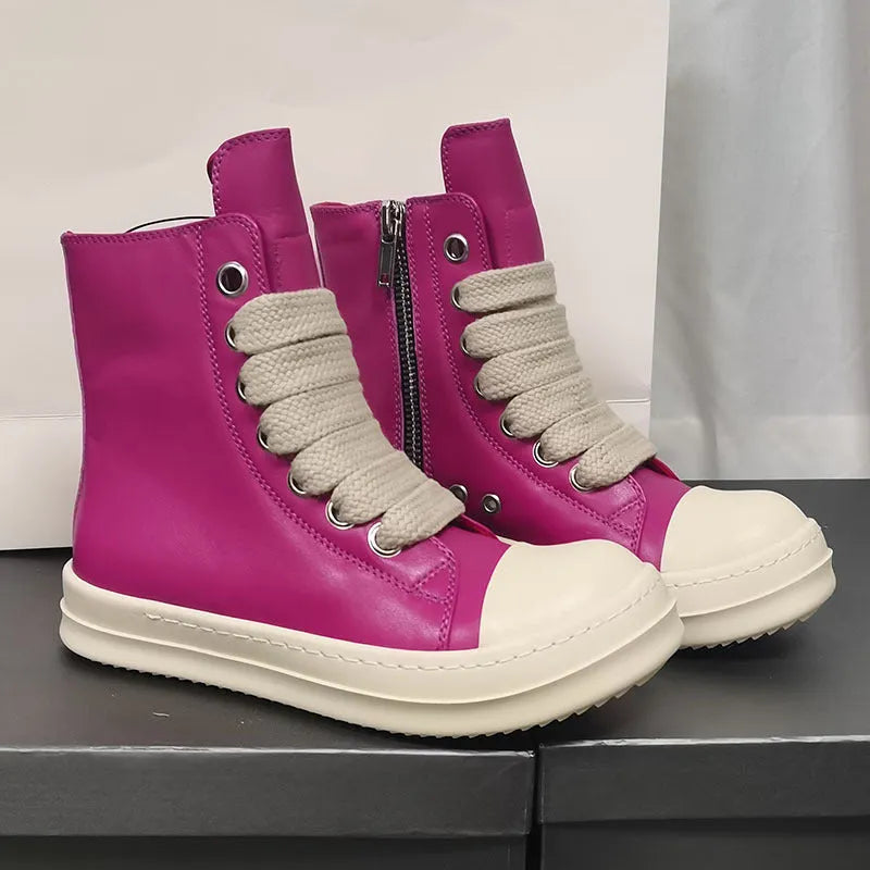 Men's black high-top leather sneakers with a side zip on a white background