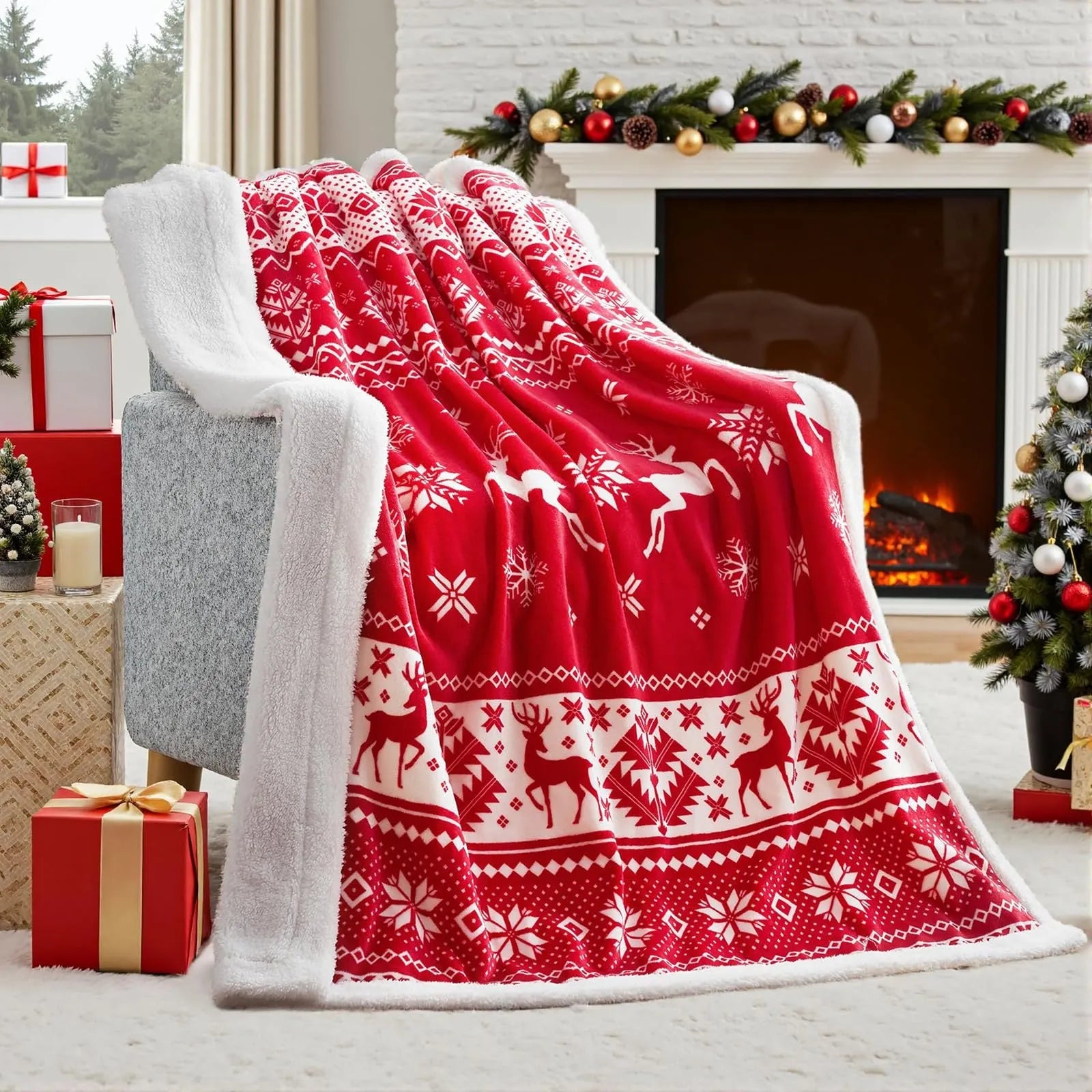 Soft red flannel Christmas blanket draped over a bed corner