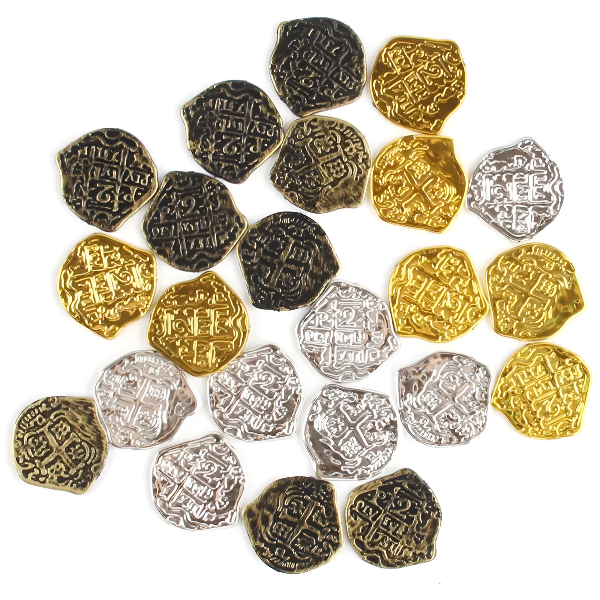 Doli set of 100 plastic Roman coins with gold, silver, or bronze electroplated finish