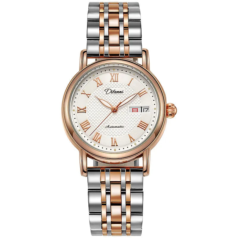 6023B automatic women's mechanical watch in steel and leather strap options on wrist