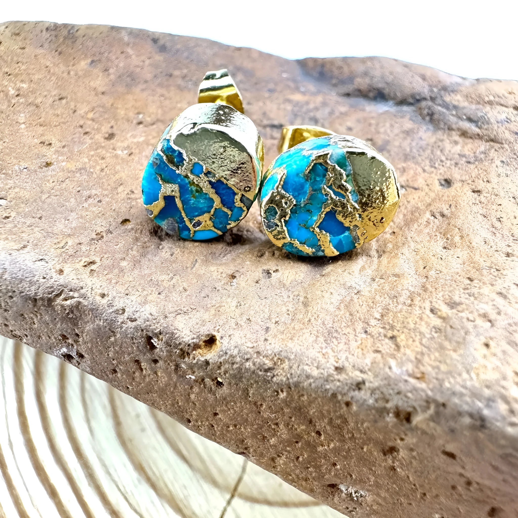 Natural stone Bohemian style stud earrings with irregular shaped stones on simple metal posts