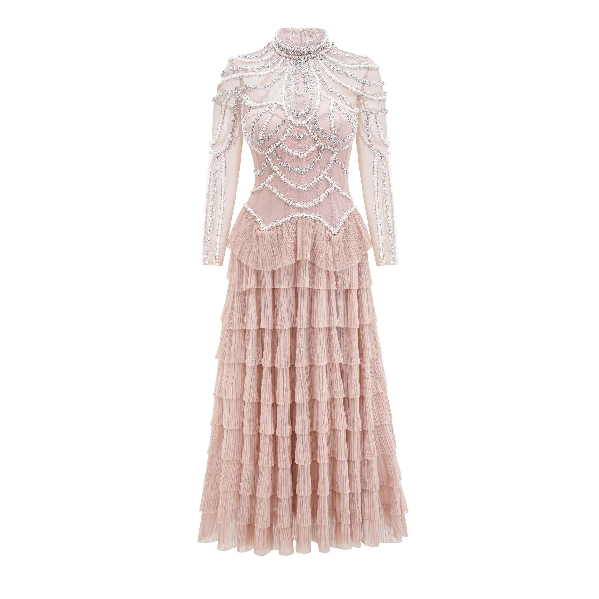 Black women's long sleeve formal dress with detailed beaded craftwork on the front.
