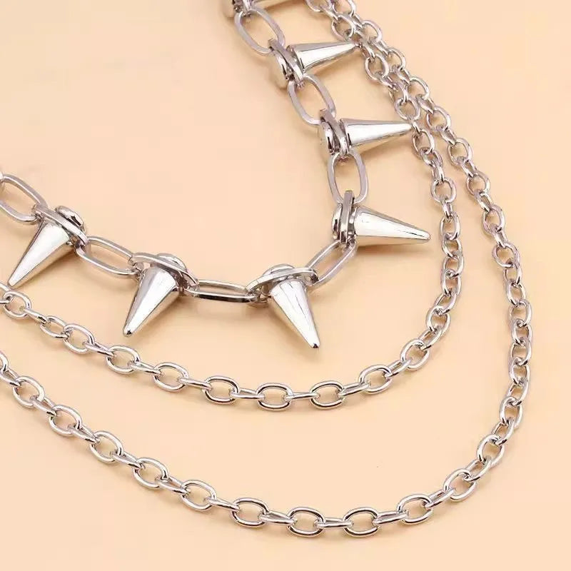 Silver metal alloy trousers chain with rivet and zipper punk detailing, 115cm length