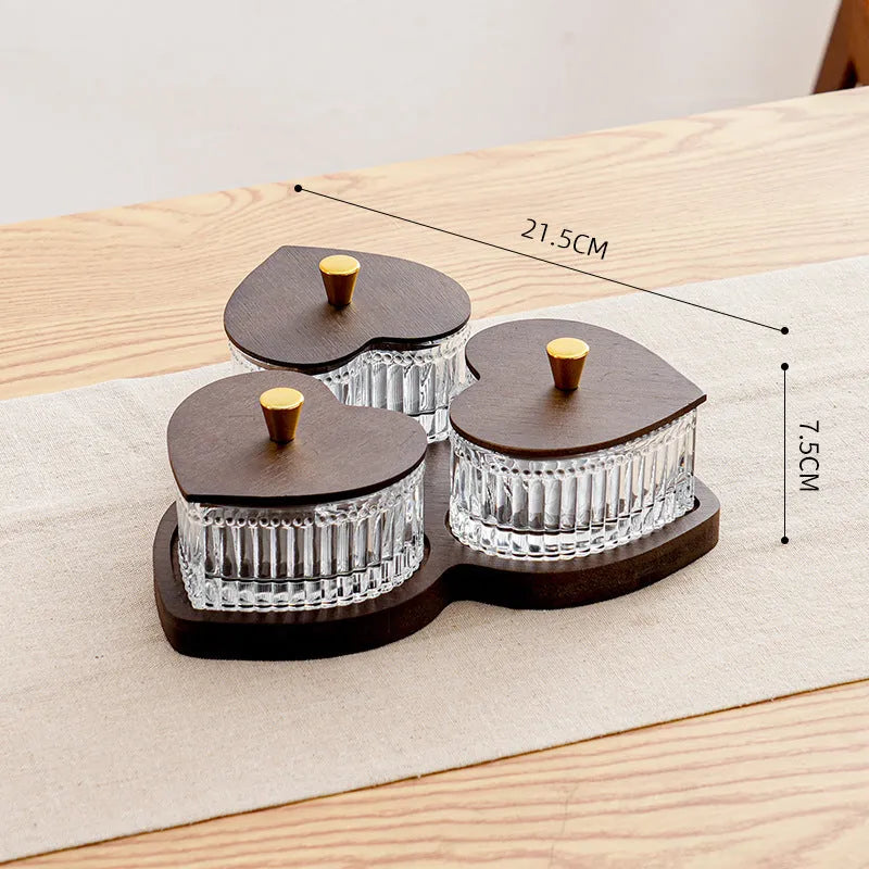 Glass retro style snack plate with heart-shaped transparent lid showing grid compartments inside
