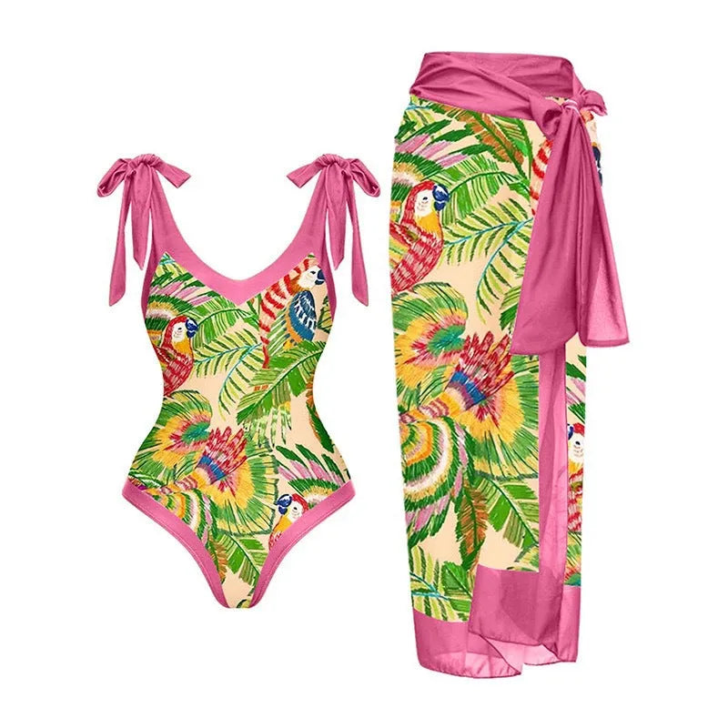Solid colour women's one-piece swimsuit with spaghetti straps and an attached skirt.