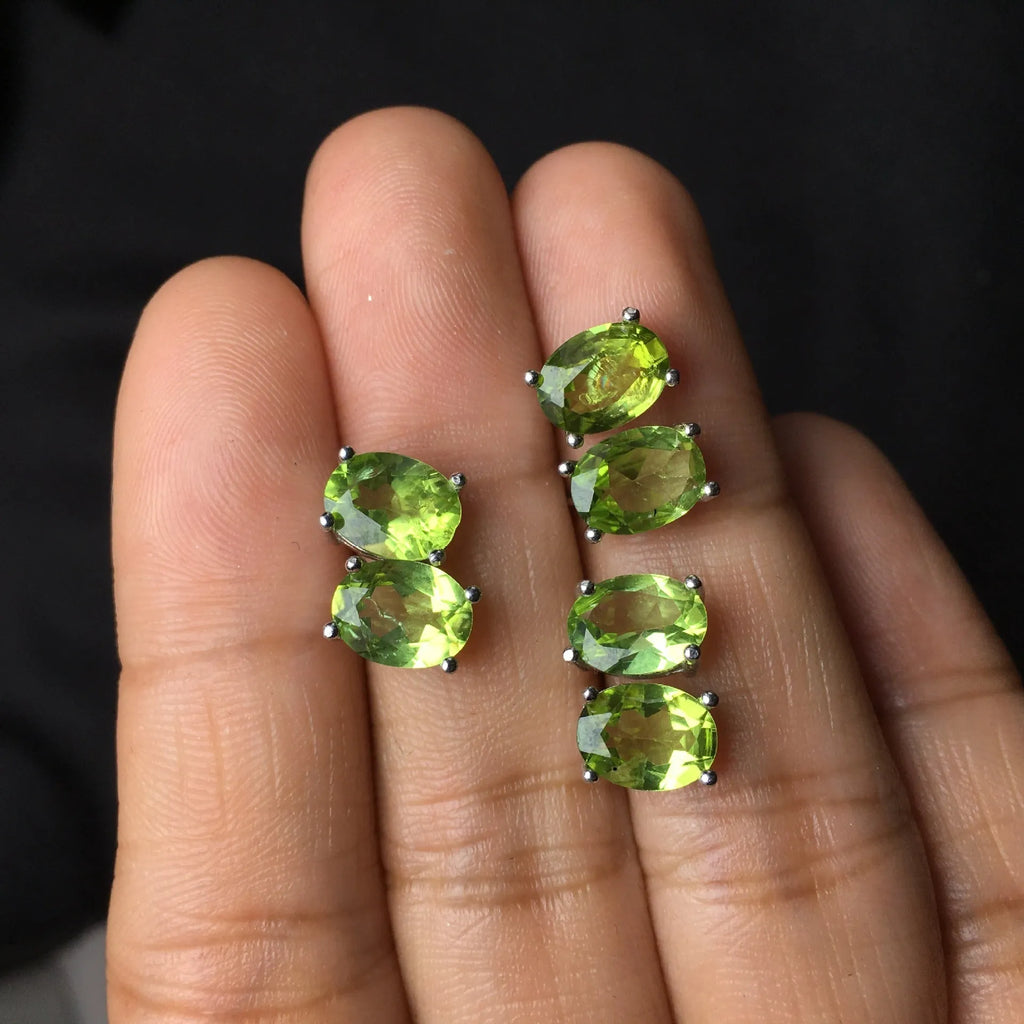 Grass green natural olivine stud earrings in S925 sterling silver setting.