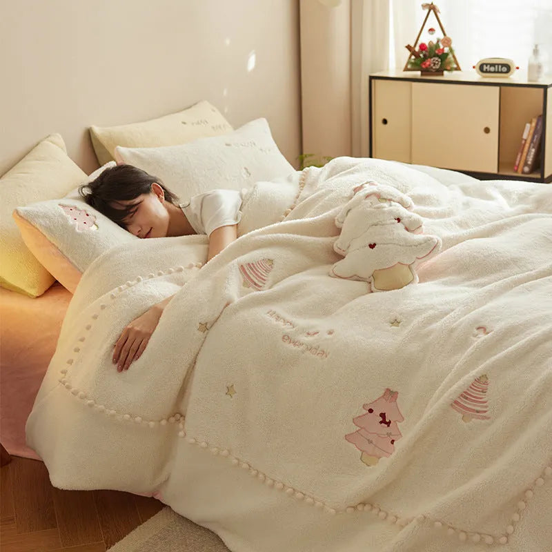 Winter milk fibre four-piece princess bedding set with green or pink Christmas tree reactive print design