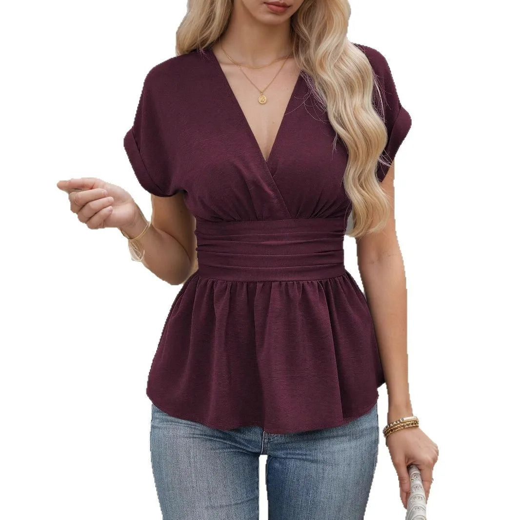 Women's black V-neck summer top with short sleeves and a pleated waist detail, slim fit.