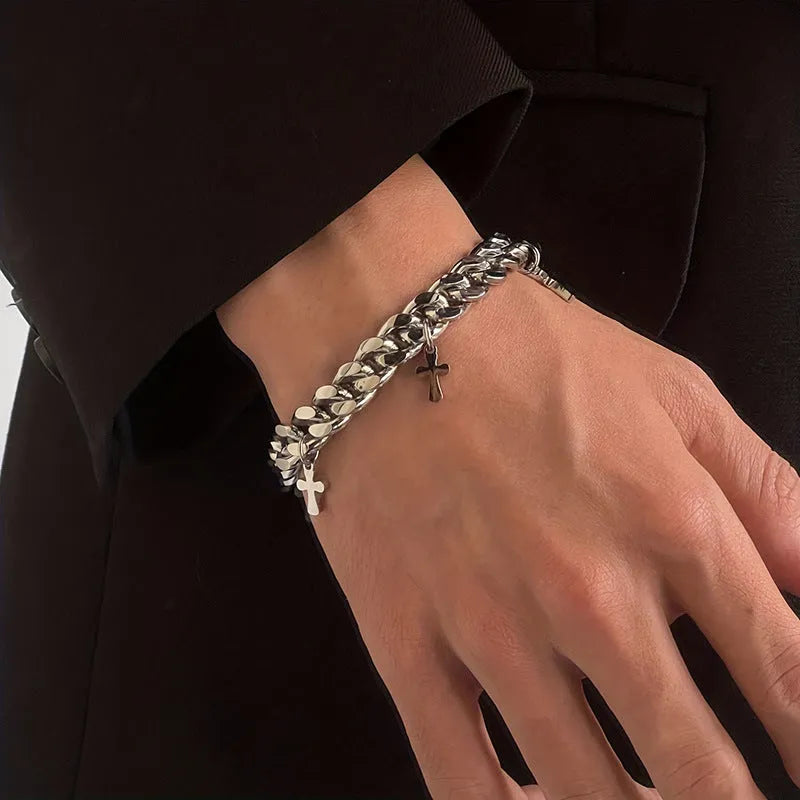 Men's titanium steel cross bracelet with geometric design and cold wind styling