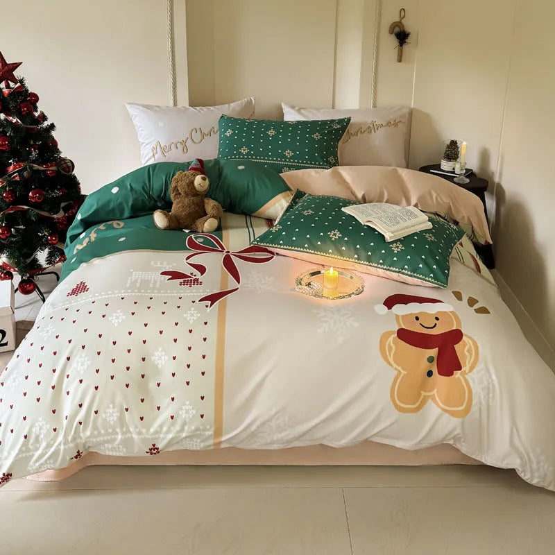 Christmas cartoon printed bedding four-piece set with gingerbread man designs on super soft washed cotton