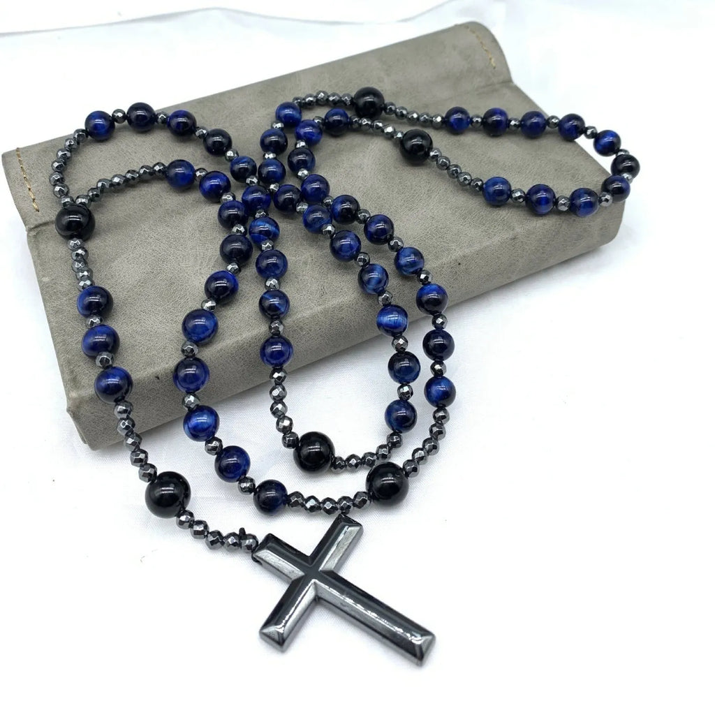 Men's stone cross pendant necklace on an 80cm ball bead chain with a safety lock