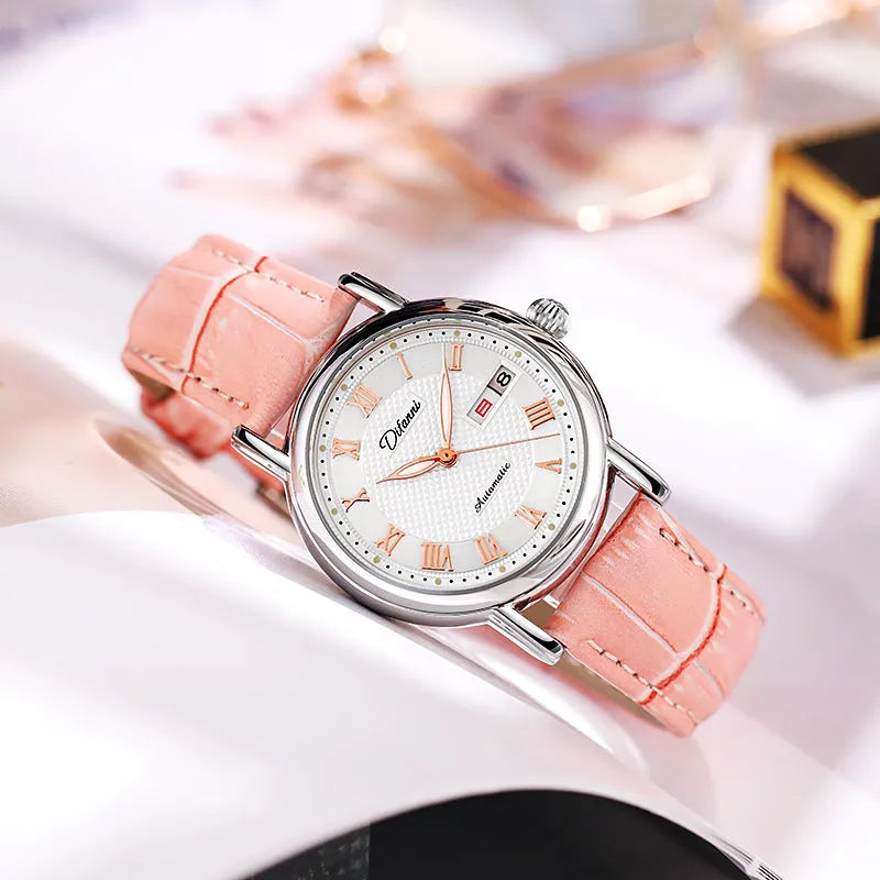 6023B automatic women's mechanical watch in steel and leather strap options on wrist