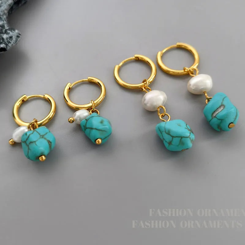 Turquoise and cultured pearl geometric earring set with short stud and long dangle copper earrings