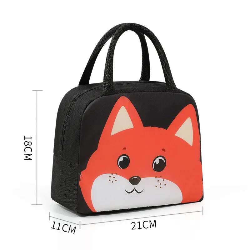 Cartoon insulated lunch box bag for children in Orange Bear design with zip closure.