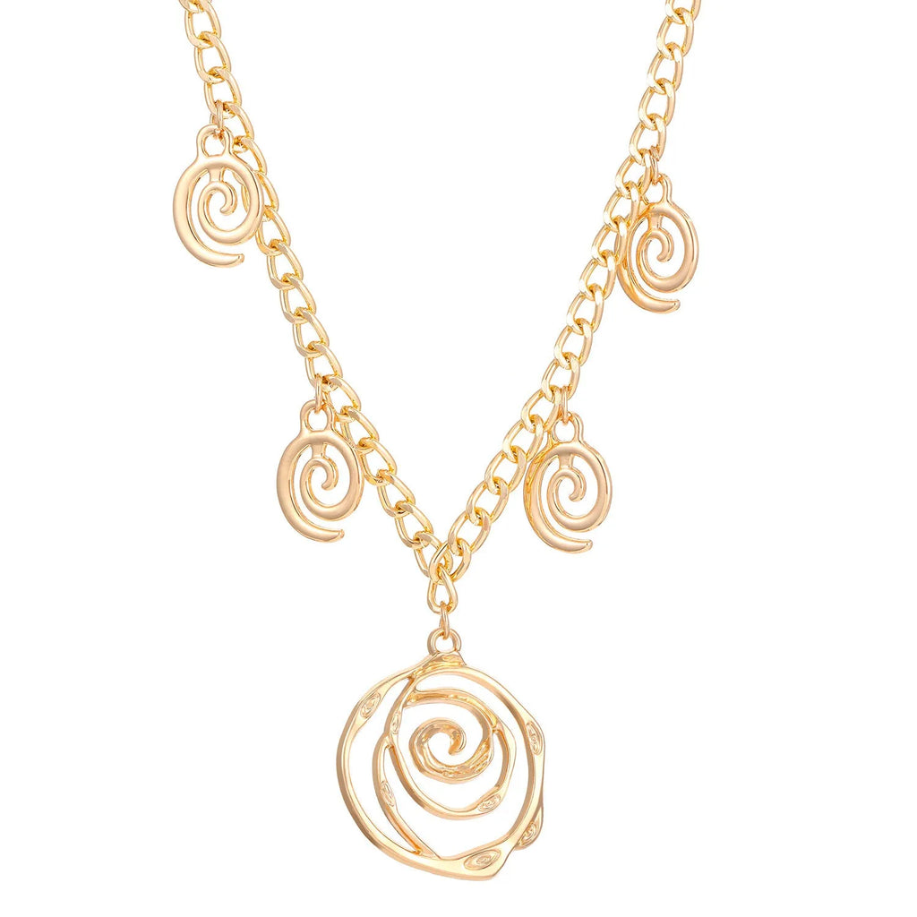 Gold spiral donut design necklace, bracelet, and earrings set on a grey background.