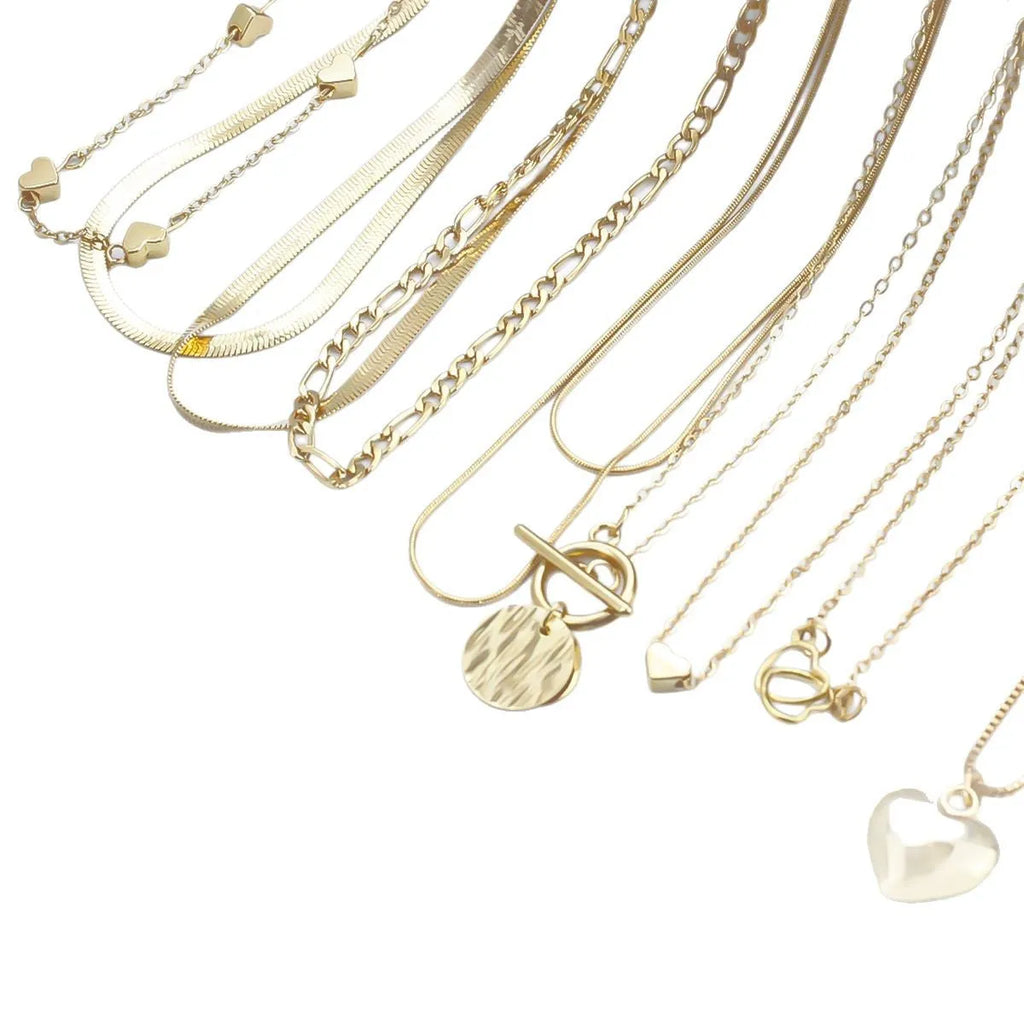 Ten gold electroplated necklaces with alloy pendants on snake bones chains, adjustable 21-50cm length