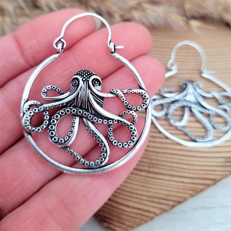 Octopus earrings antique silver finish zinc alloy electroplated retro style