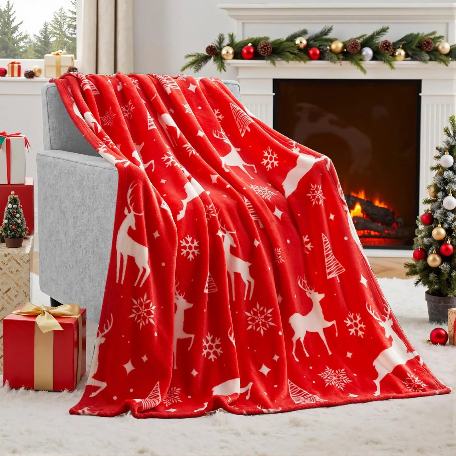 Soft red flannel Christmas blanket draped over a bed corner
