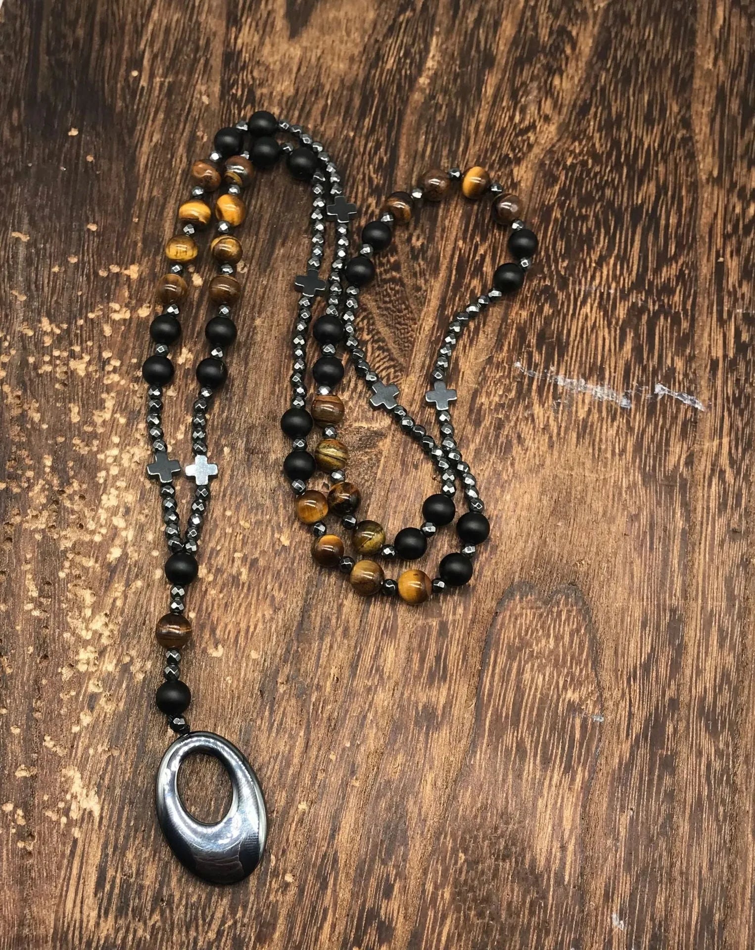 Men's stone cross pendant necklace on an 80cm ball bead chain with a safety lock