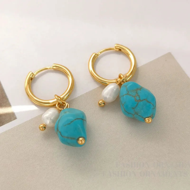 Turquoise and cultured pearl geometric earring set with short stud and long dangle copper earrings