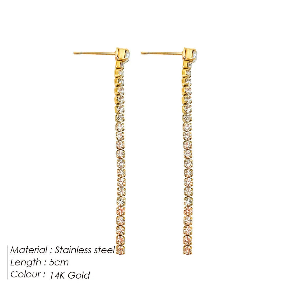 Geometric-shaped stainless steel zircon earrings for women in gold and steel colour options.