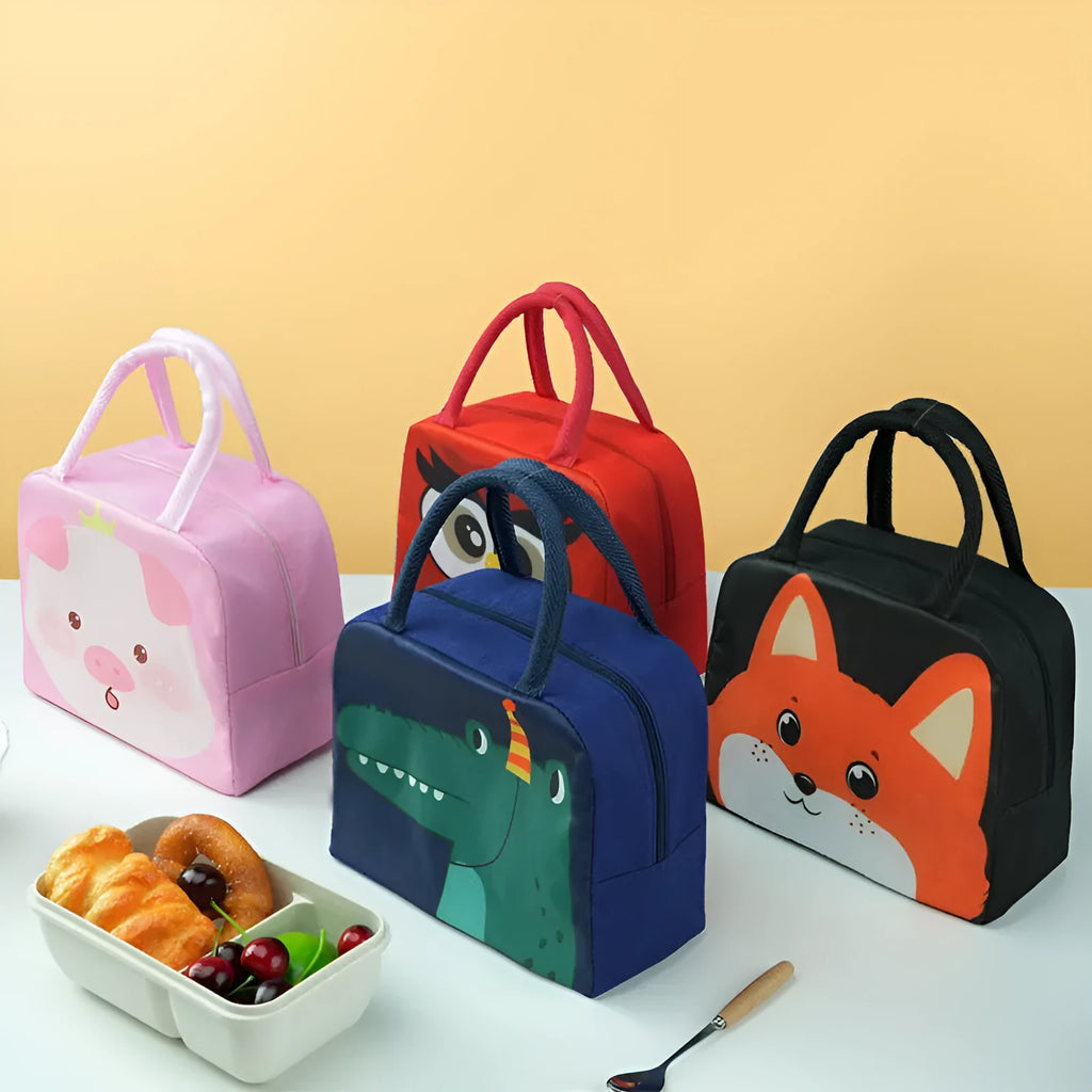 Cartoon insulated lunch box bag for children in Orange Bear design with zip closure.