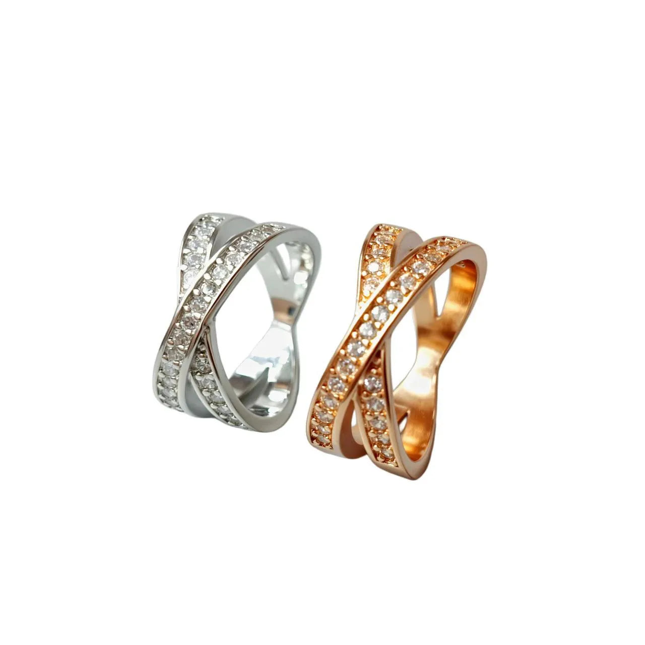 Geometric metal cross ring with micro-inlaid zircon stones in silver or rose gold finish