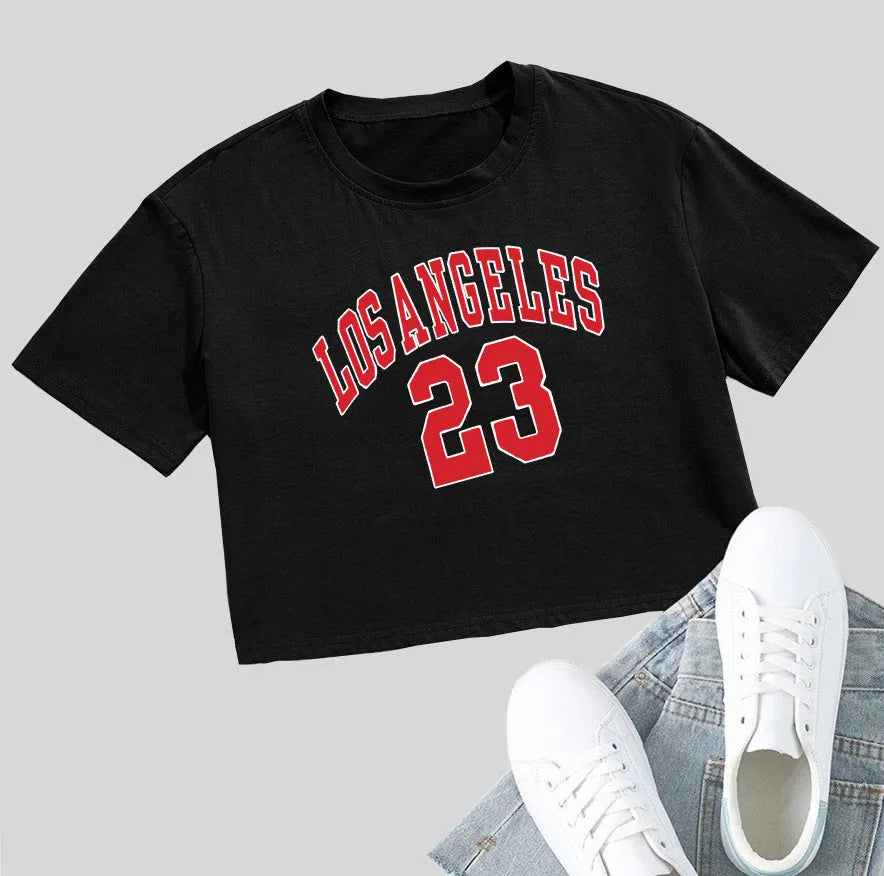 Black personalised cotton t-shirt with printed white English letters, loose fit and exposed navel style.
