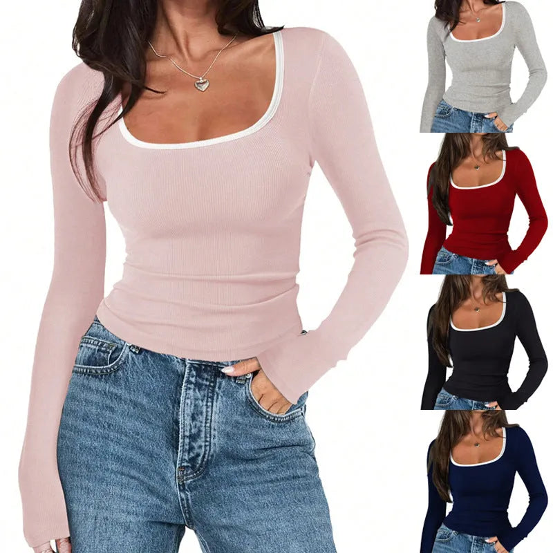 Women's square collar slim-fit cotton pullover top in a solid colour with long sleeves.