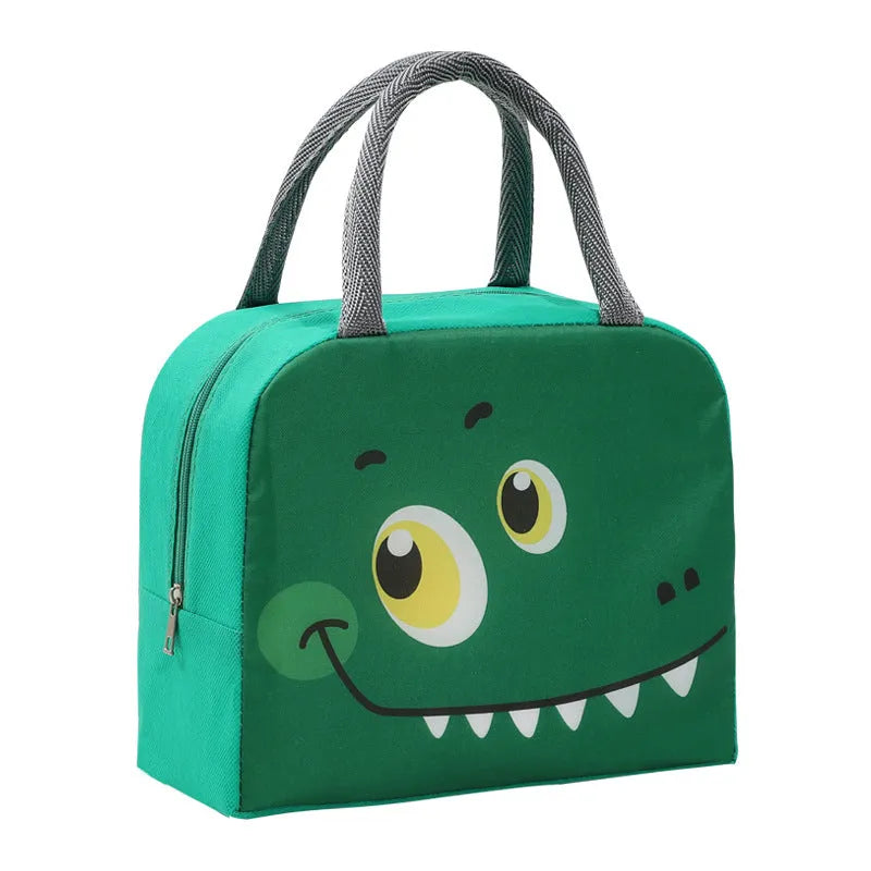 Cartoon insulated lunch box bag for children in Orange Bear design with zip closure.