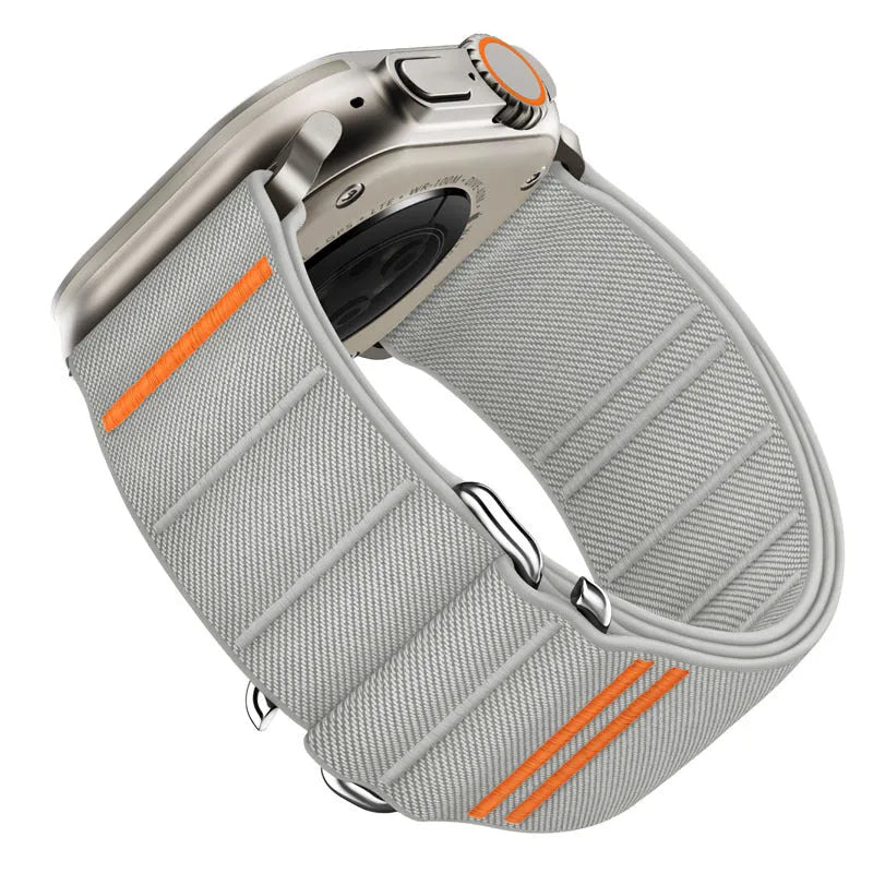 Elastic nylon Apple Watch band with stainless steel buckle in multiple colour options