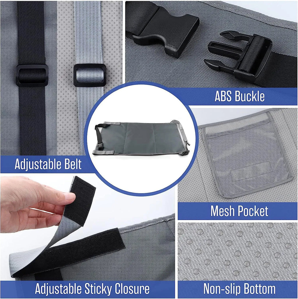 Portable children's aircraft pedal seat extender in blue, black, and grey colours with drawstring storage pocket