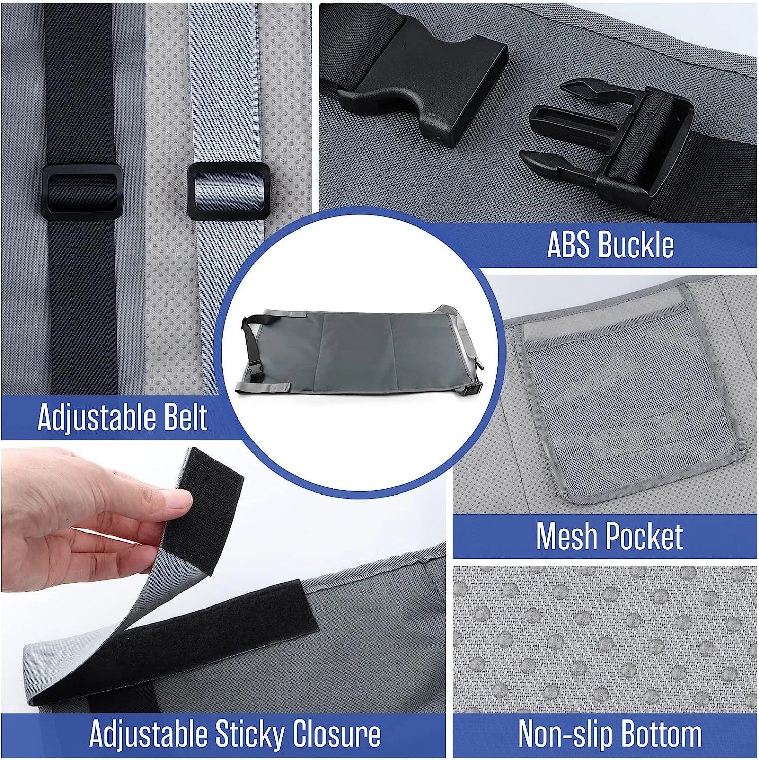 Portable children's aircraft pedal seat extender in blue, black, and grey colours with drawstring storage pocket